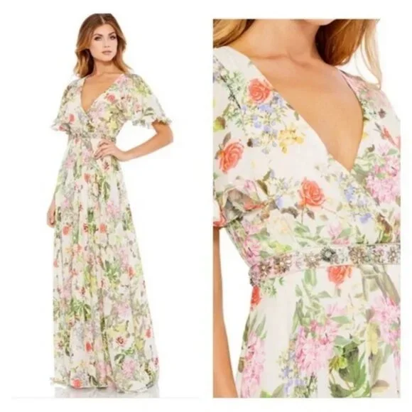 Mac Duggal Ivory Floral Print Faux Wrap Flutter Sleeve A Line Gown